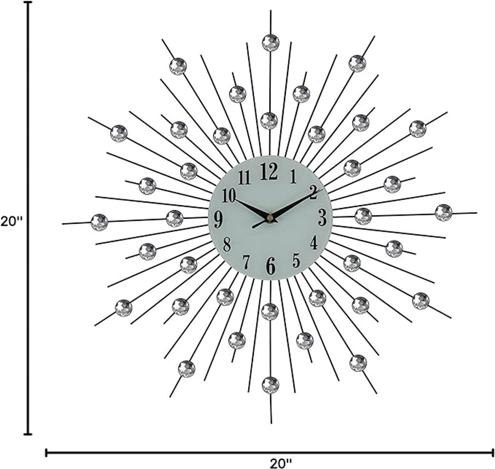 20" Black White And Clear Metal and Glass Silent Analog Sunburst Wall Clock