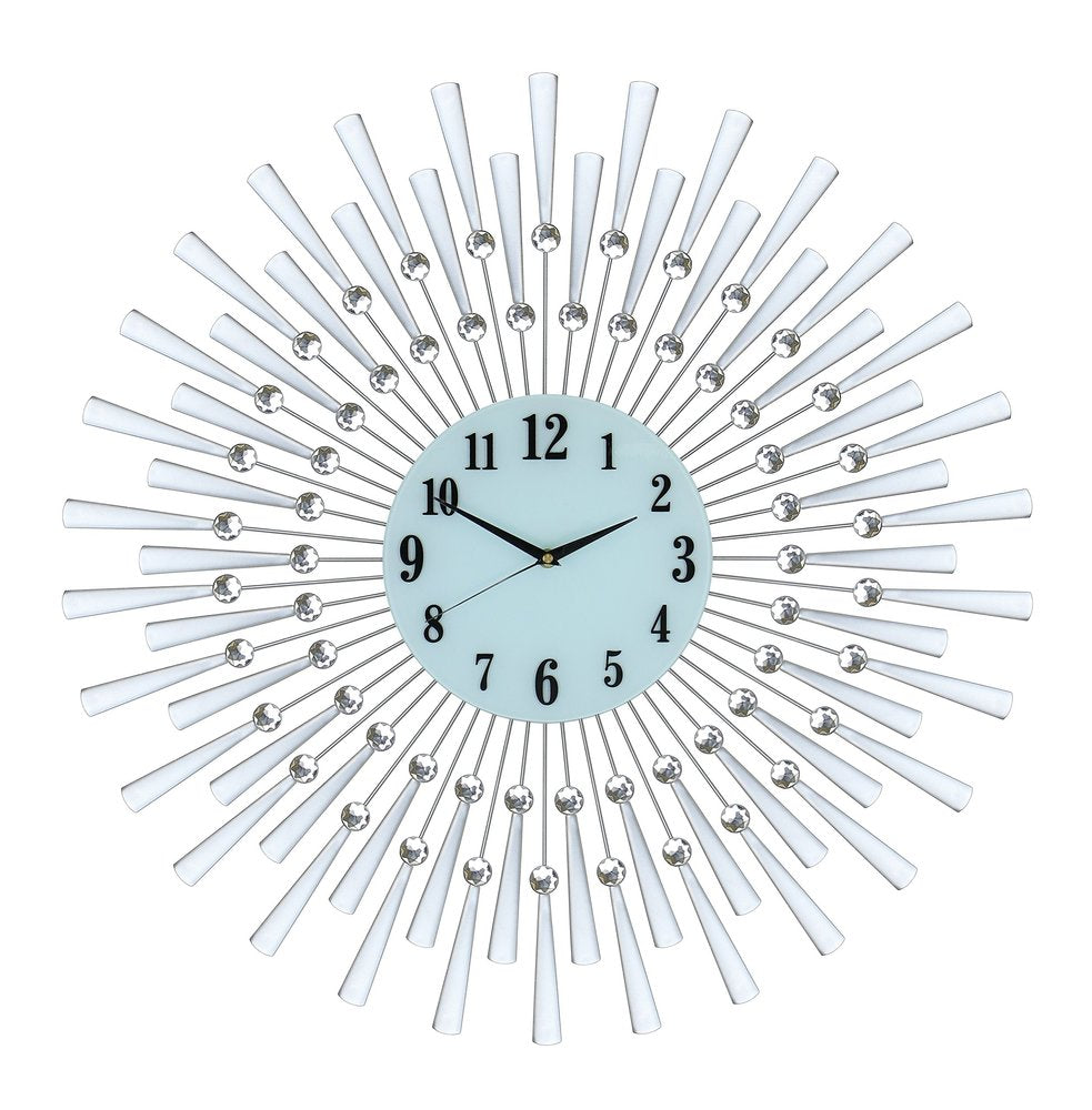 28" Silver And White Metal Silent Analog Sunburst Wall Clock