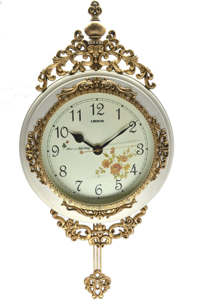 16" Antiqued White And Bronze Resin Silent Pendulum Ornate Oval Wall Clock