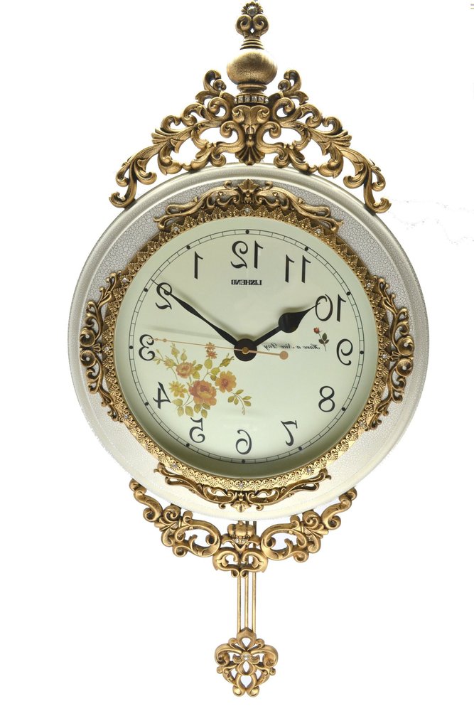16" Antiqued White And Bronze Resin Silent Pendulum Ornate Oval Wall Clock
