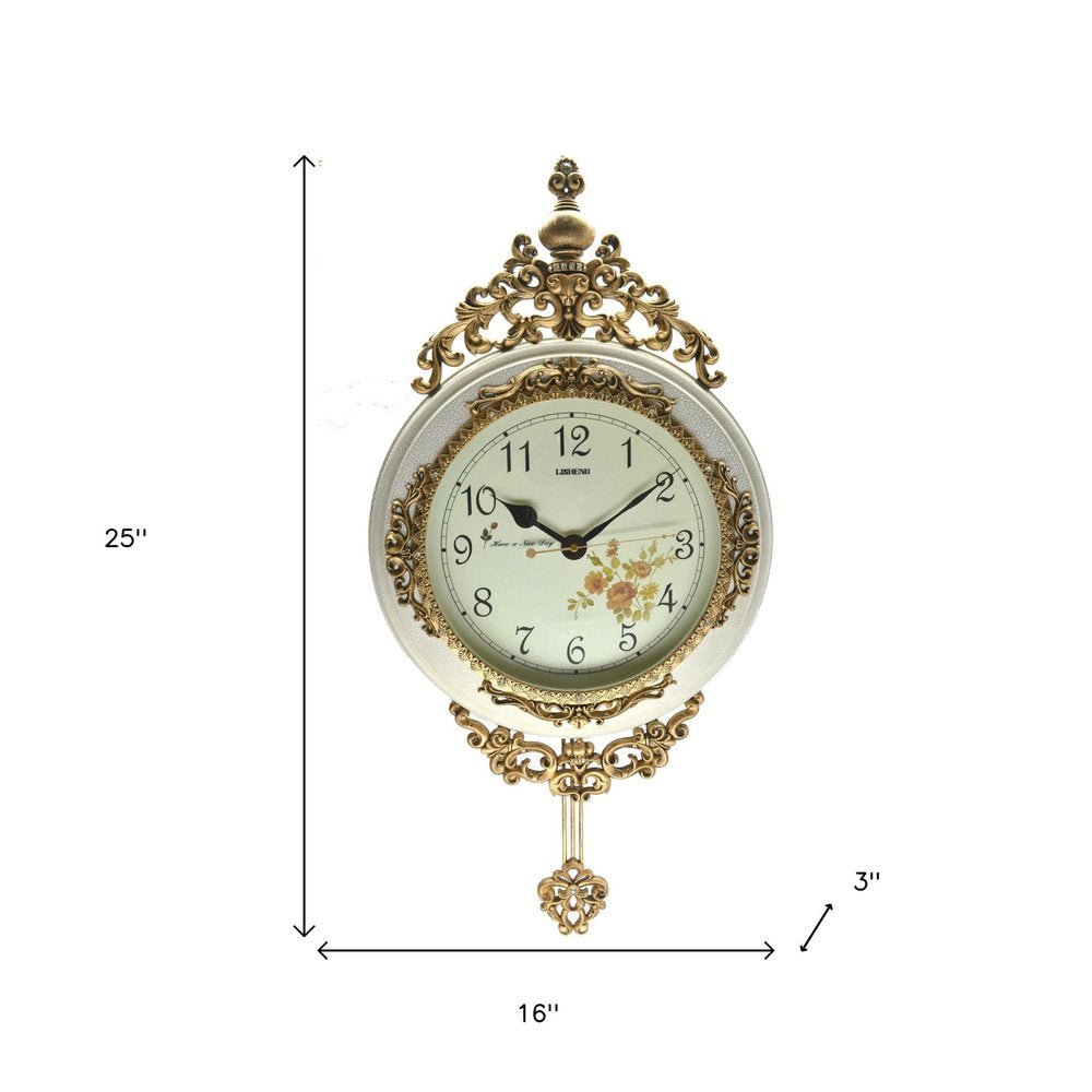 16" Antiqued White And Bronze Resin Silent Pendulum Ornate Oval Wall Clock
