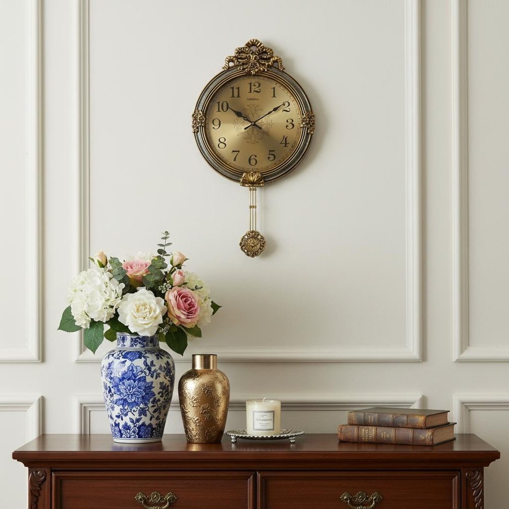 15" Gold And Silver Resin Silent Pendulum Ornate Round Wall Clock