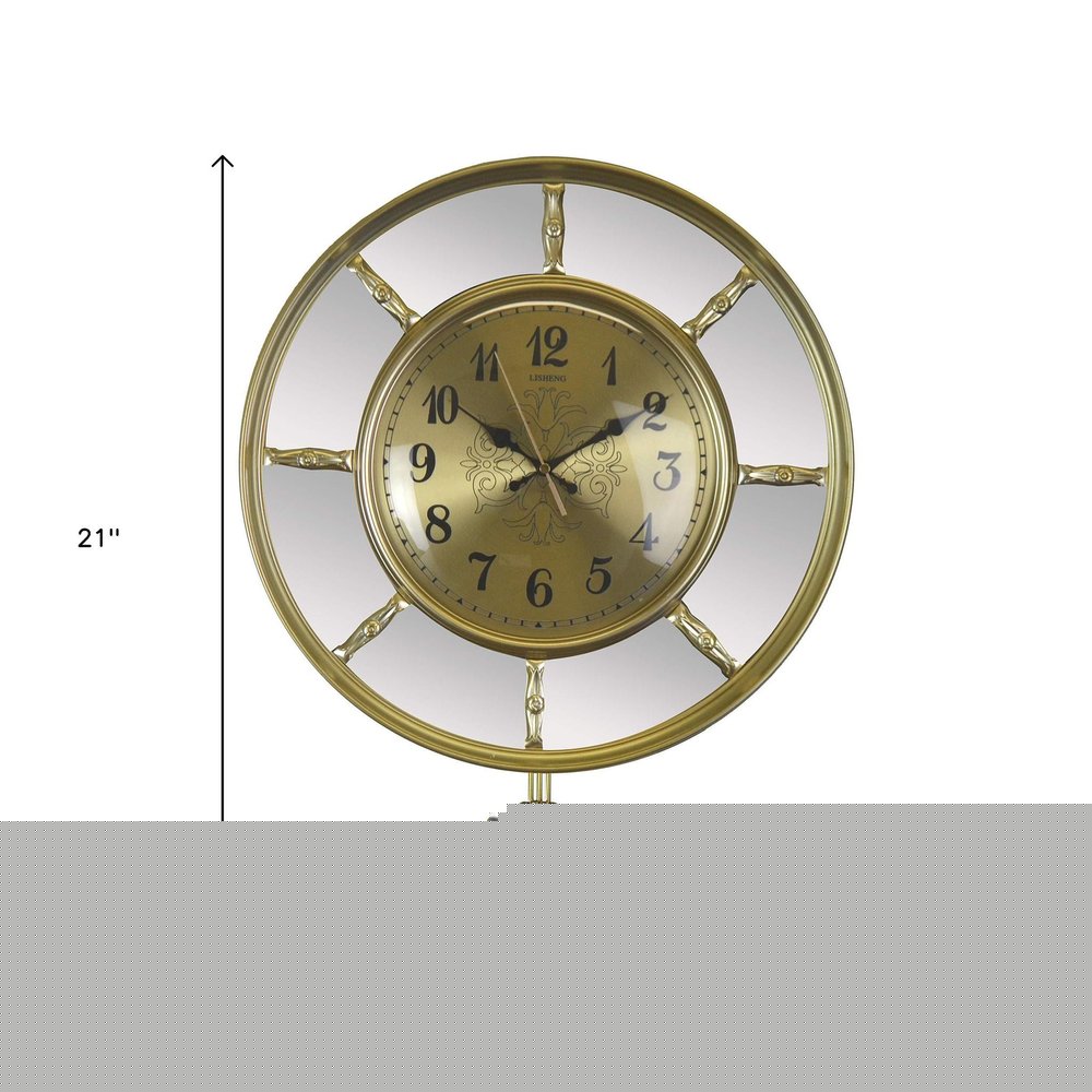 16" Gold And Silver Mirrored Glass And Resin Silent Pendulum Ornate Round Wall Clock
