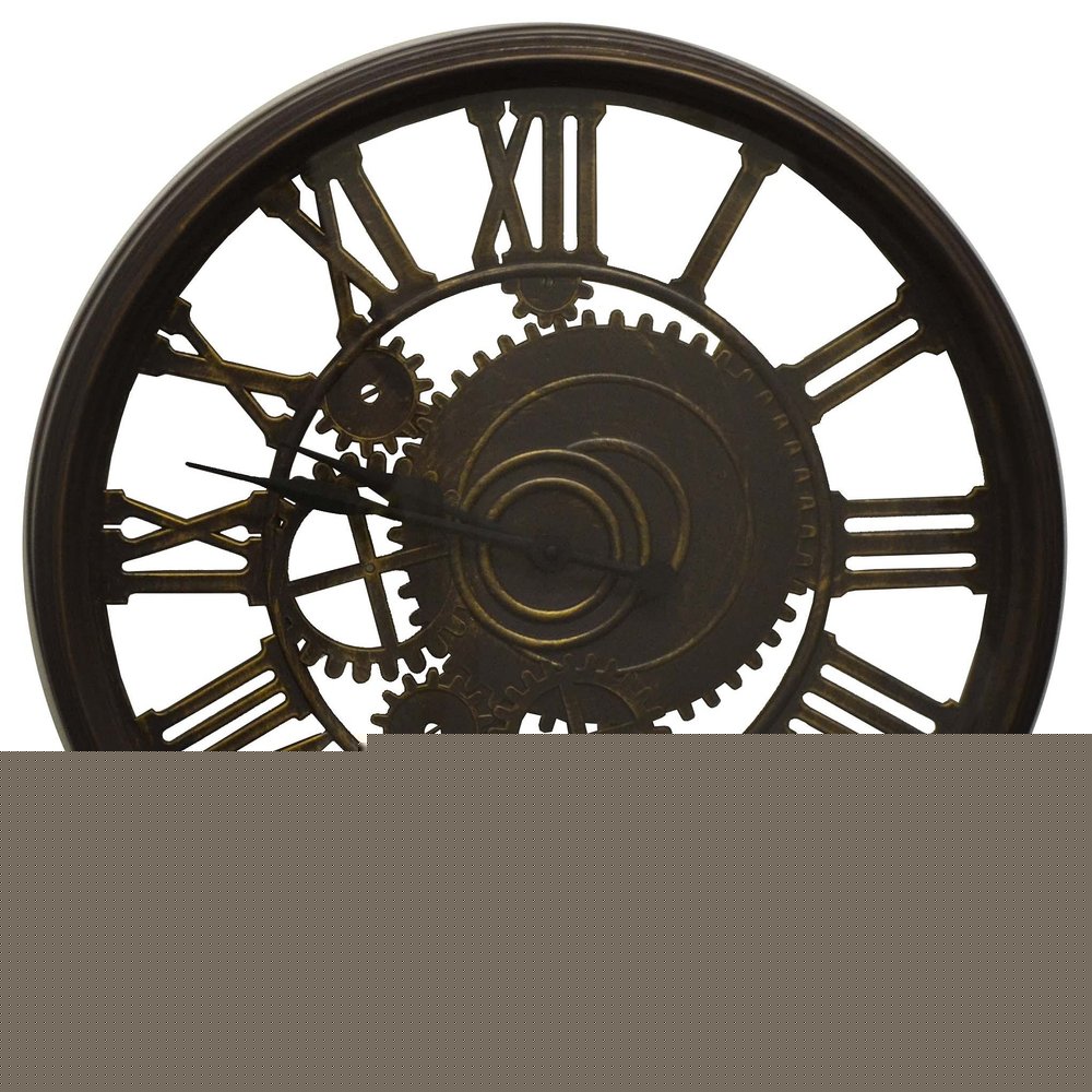 20" Antiqued Gold And Brown Heavy Duty Plastic Silent Skeleton Distressed Exposed Gear Round Wall Clock