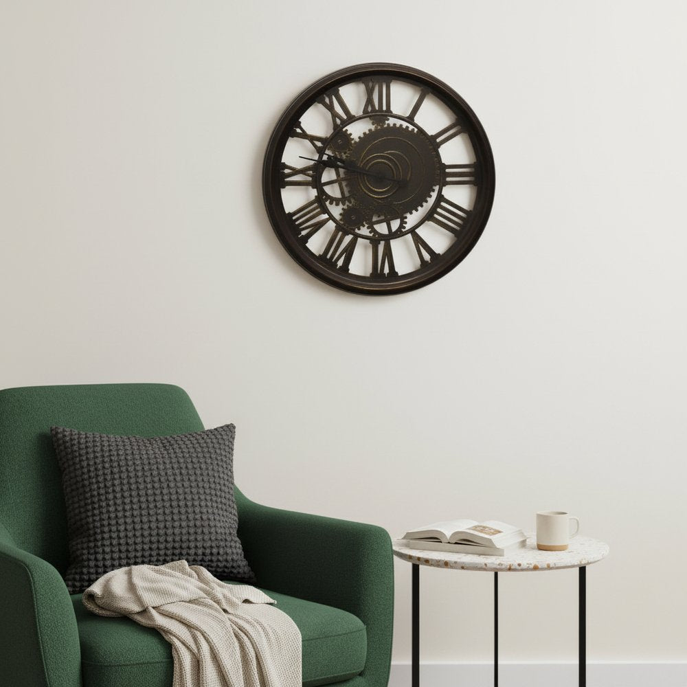 20" Antiqued Gold And Brown Heavy Duty Plastic Silent Skeleton Distressed Exposed Gear Round Wall Clock