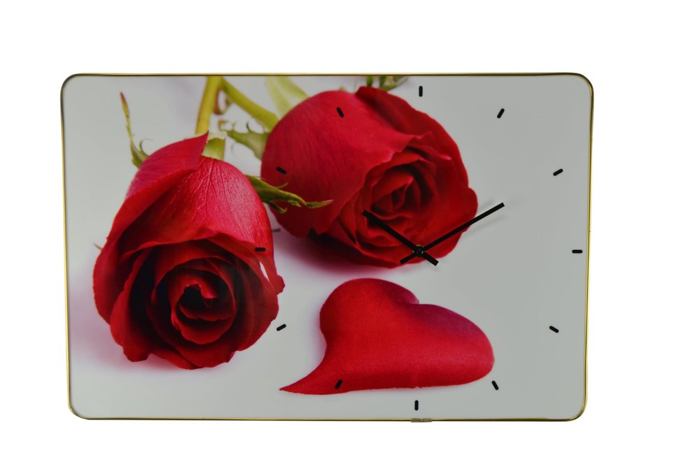 24" Red White And Gold Solid Wood and Acrylic Silent Roses Floral Wall Clock