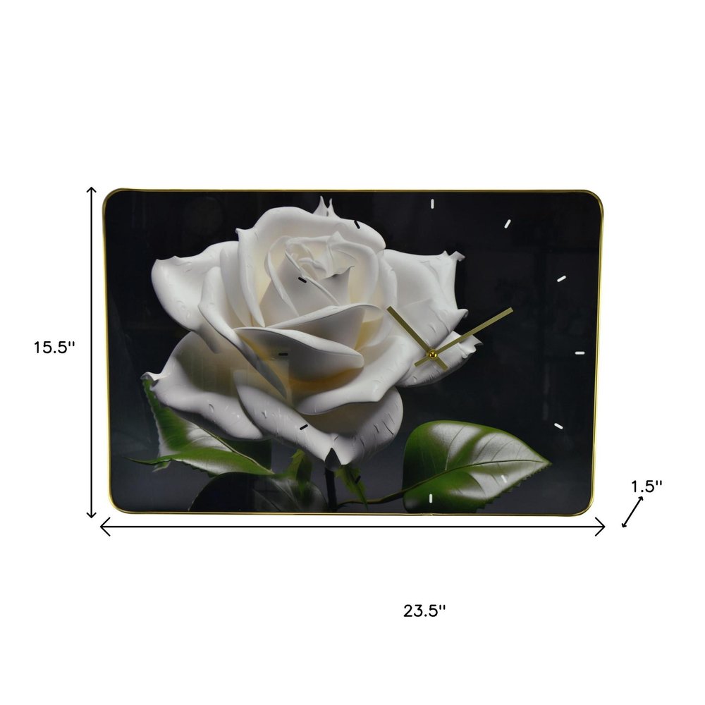 24" White Black And Green Solid Wood and Acrylic Silent Roses Floral Wall Clock