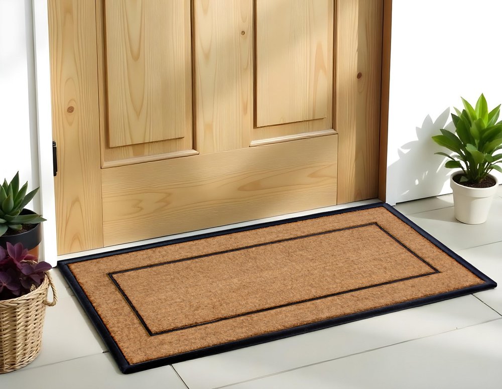 24" X 48" Natural And Black Striped Border Outdoor Coir And Rubber Door Mat