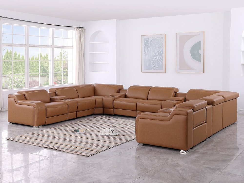 Chestnut Italian Leather Power Reclining U Shaped Twelve Piece Corner Sectional With Console