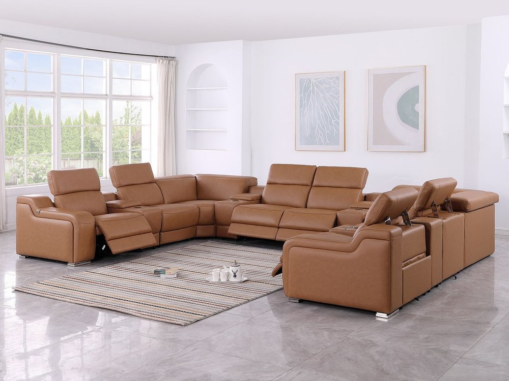 Chestnut Italian Leather Power Reclining U Shaped Twelve Piece Corner Sectional With Console