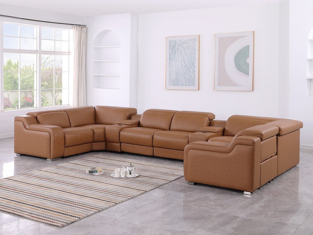 Chestnut Italian Leather Power Reclining U Shaped Eight Piece Corner Sectional With Console