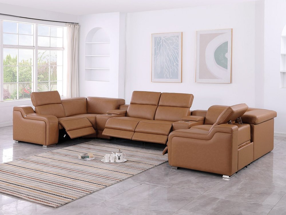 Chestnut Italian Leather Power Reclining U Shaped Eight Piece Corner Sectional With Console