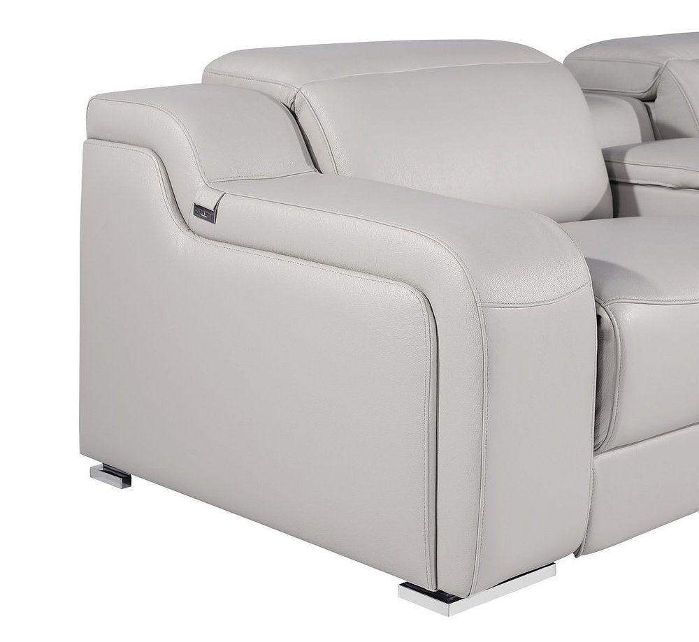 Light Gray Italian Leather Power Reclining U Shaped Eight Piece Corner Sectional With Console