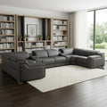 Dark Gray Italian Leather Power Reclining U Shaped Eight Piece Corner Sectional With Console