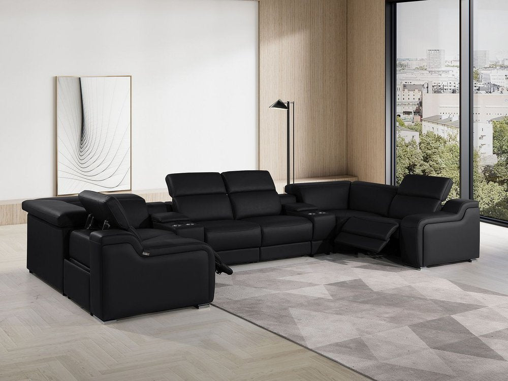 Black Italian Leather Power Reclining U Shaped Eight Piece Corner Sectional With Console