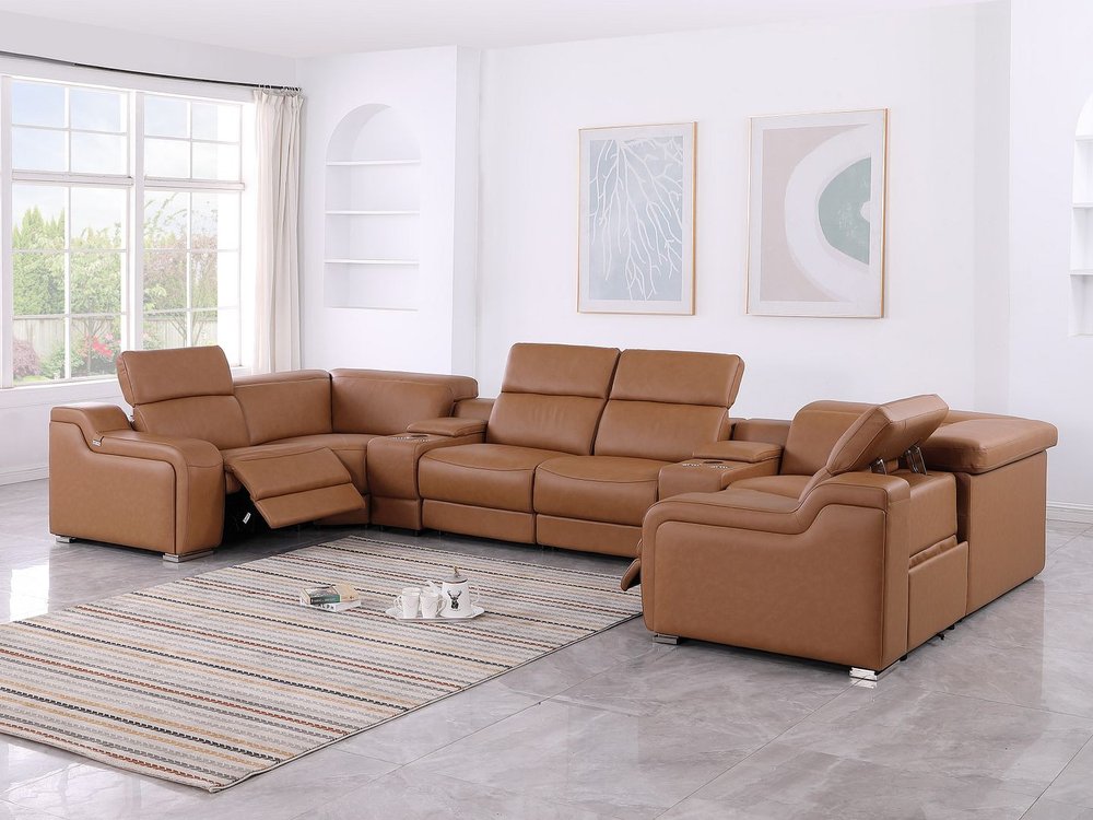 Chestnut Italian Leather Power Reclining U Shaped Eight Piece Corner Sectional With Console