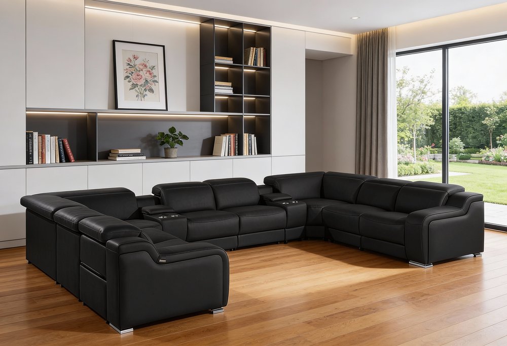 Black Italian Leather Power Reclining U Shaped Ten Piece Corner Sectional With Console