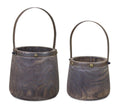 Set of Two Brown Steel And Wood 20 Ounce Round Distressed Pot Planters