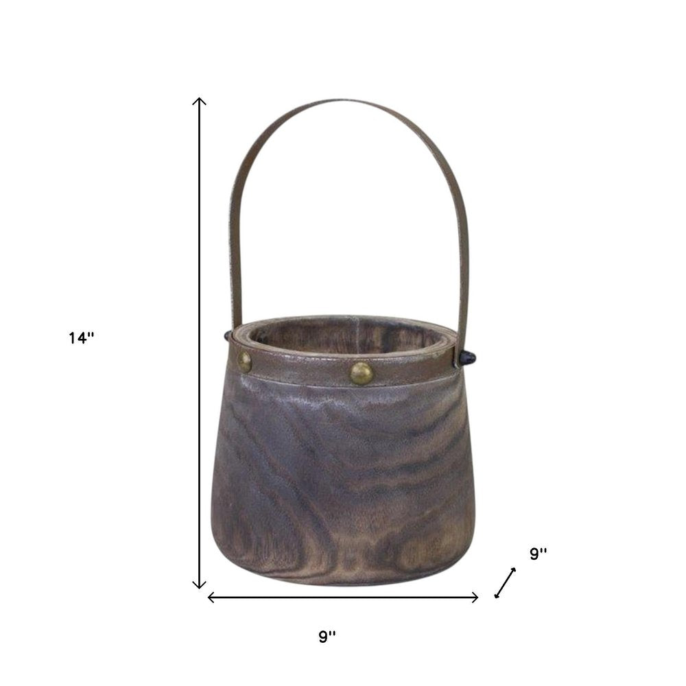 Set of Two Brown Steel And Wood 20 Ounce Round Distressed Pot Planters