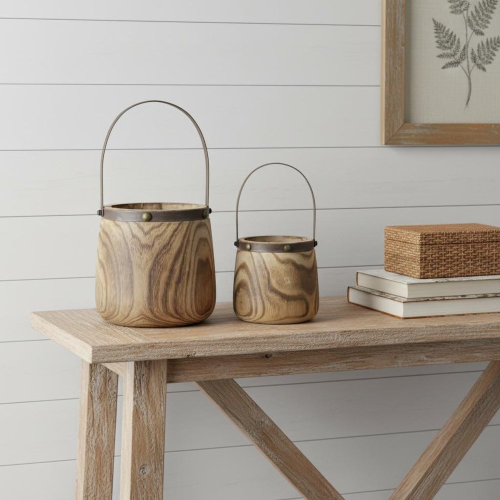 Set of Two Natural Wood And Steel Bucket Pot Planters
