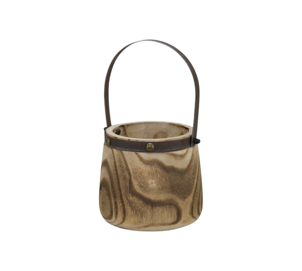Set of Two Natural Wood And Steel Bucket Pot Planters