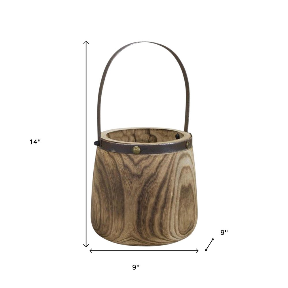 Set of Two Natural Wood And Steel Bucket Pot Planters