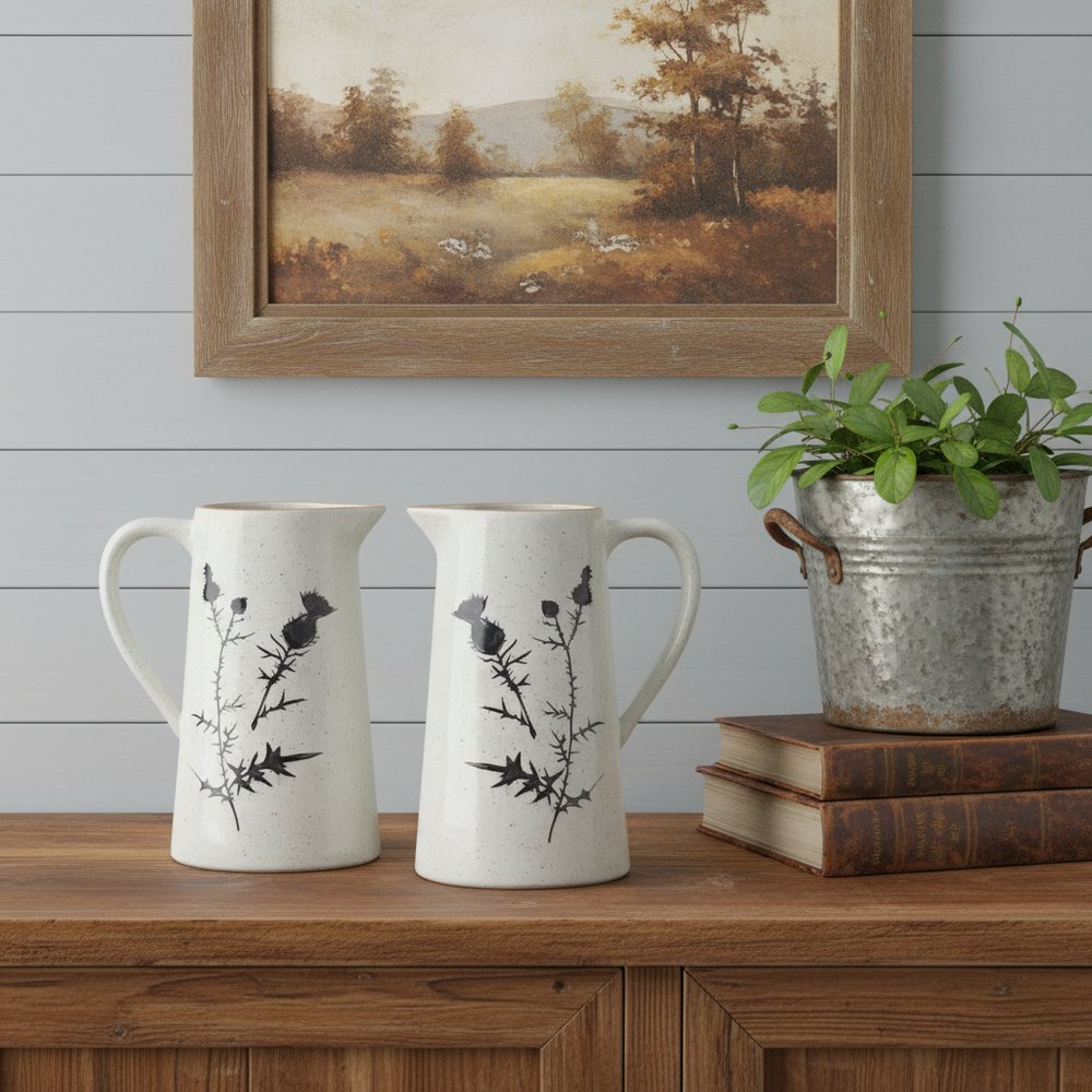 Set of Two Black And Off White Floral Ceramic Cylinder Pitcher Vase