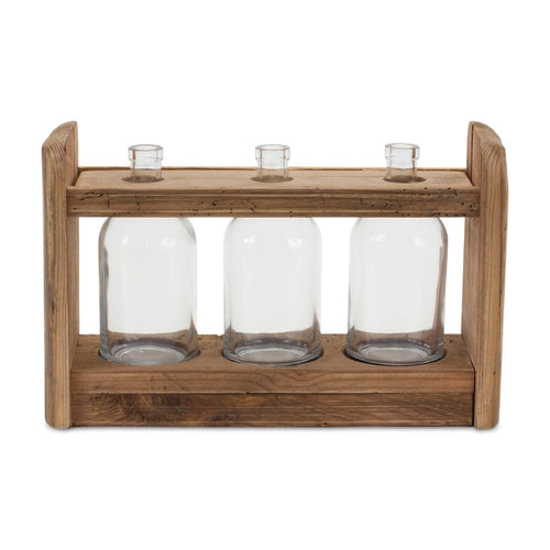 10" Clear And Brown Glass And Wood Three Bottle Table Vase