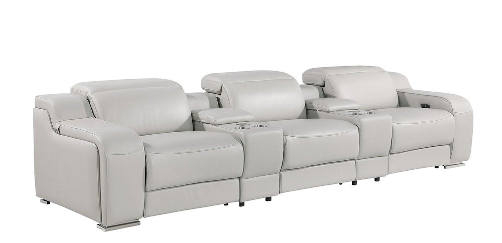 129" Light Gray Italian Leather Reclining USB Sofa