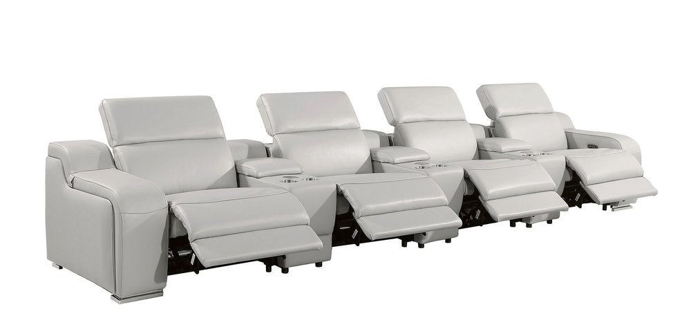169" Light Gray Italian Leather Reclining USB Sofa