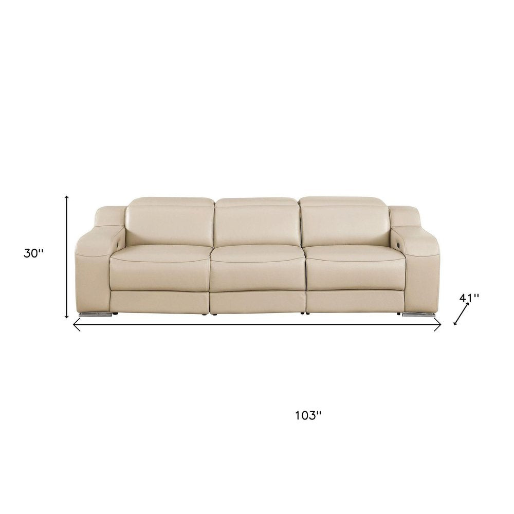 103" Light Gray Italian Leather Reclining USB Sofa