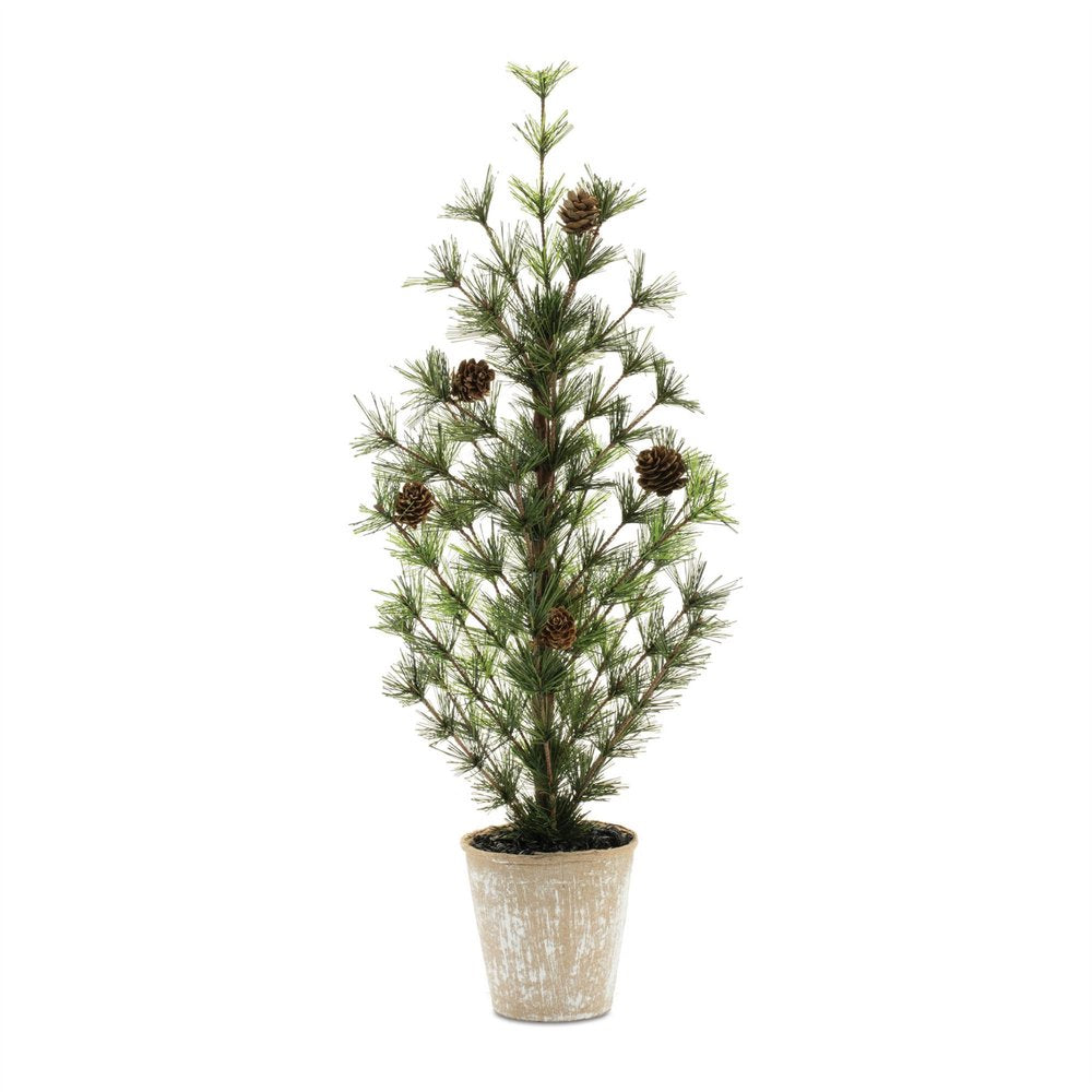 10" Green And Brown Artificial Pine In Round Brown Metal Pot
