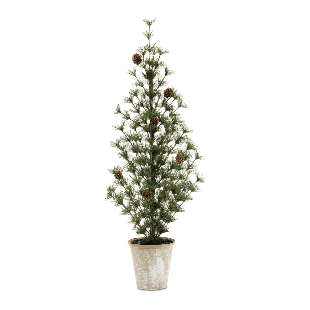 Set of Two 32" Mini Artificial Pine Trees With Pinecones In Rustic Brown Pots