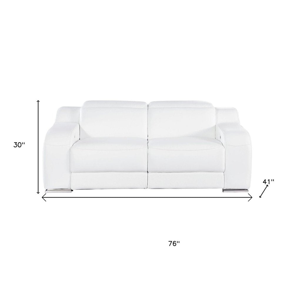 76" White and Silver Italian Leather Power Reclining Loveseat