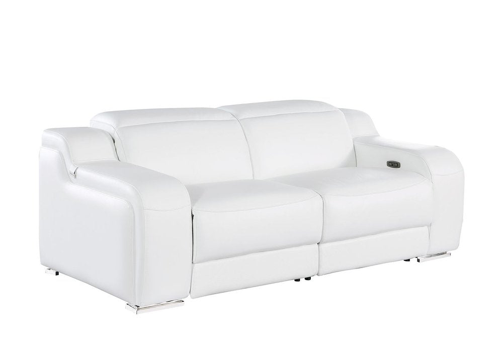 76" White and Silver Italian Leather Power Reclining Loveseat