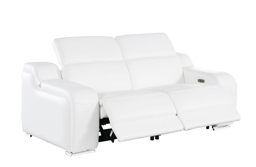 76" White and Silver Italian Leather Power Reclining Loveseat