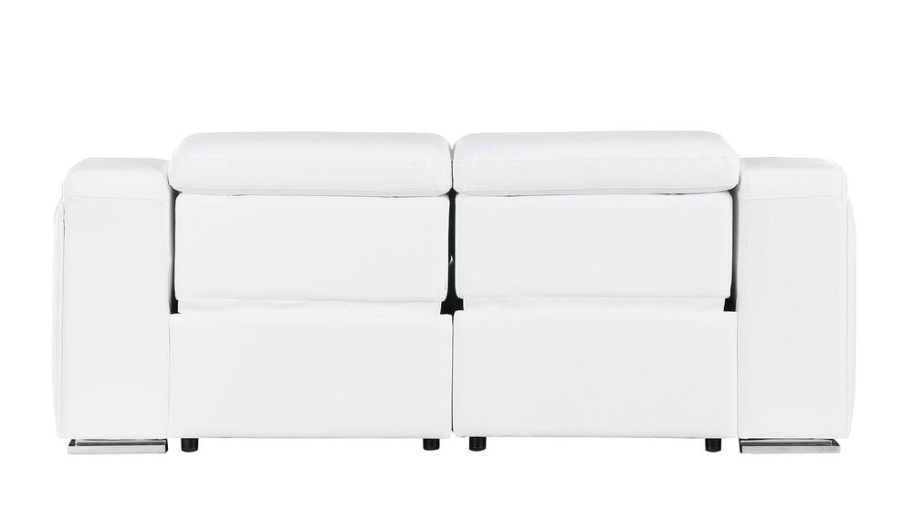 76" White and Silver Italian Leather Power Reclining Loveseat