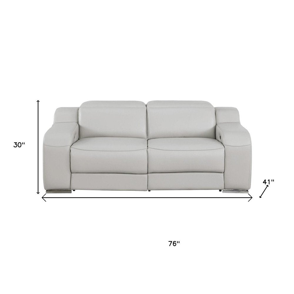76" Light Gray and Silver Italian Leather Power Reclining Loveseat