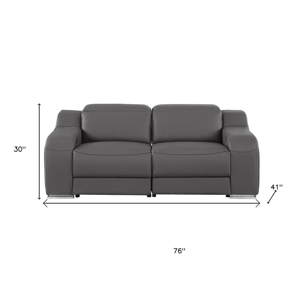 76" Dark Gray and Silver Italian Leather Power Reclining Loveseat