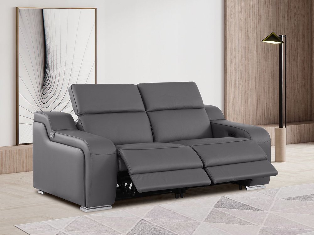 76" Dark Gray and Silver Italian Leather Power Reclining Loveseat