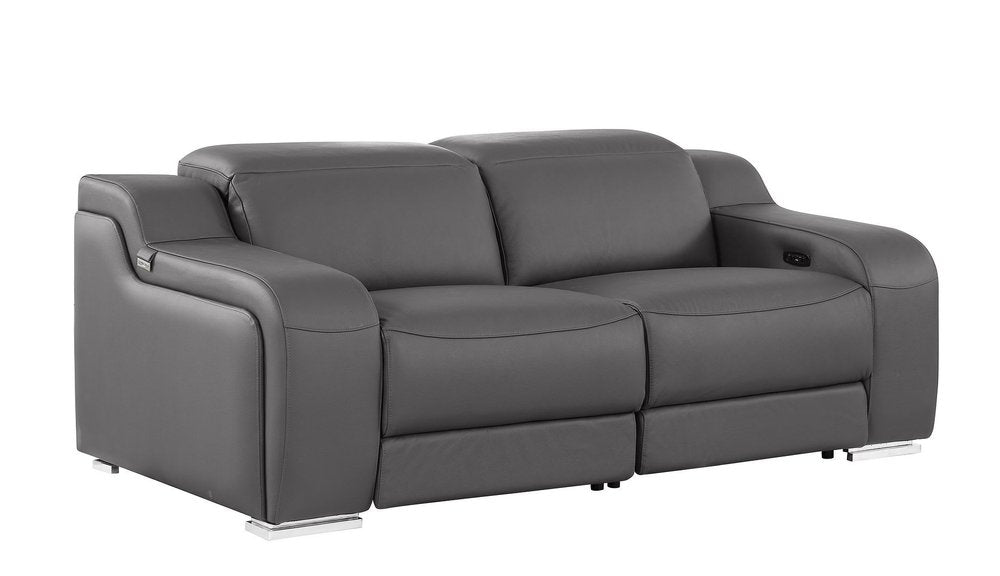 76" Dark Gray and Silver Italian Leather Power Reclining Loveseat