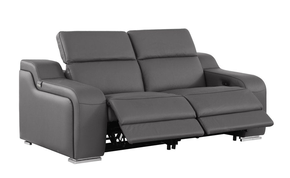 76" Dark Gray and Silver Italian Leather Power Reclining Loveseat