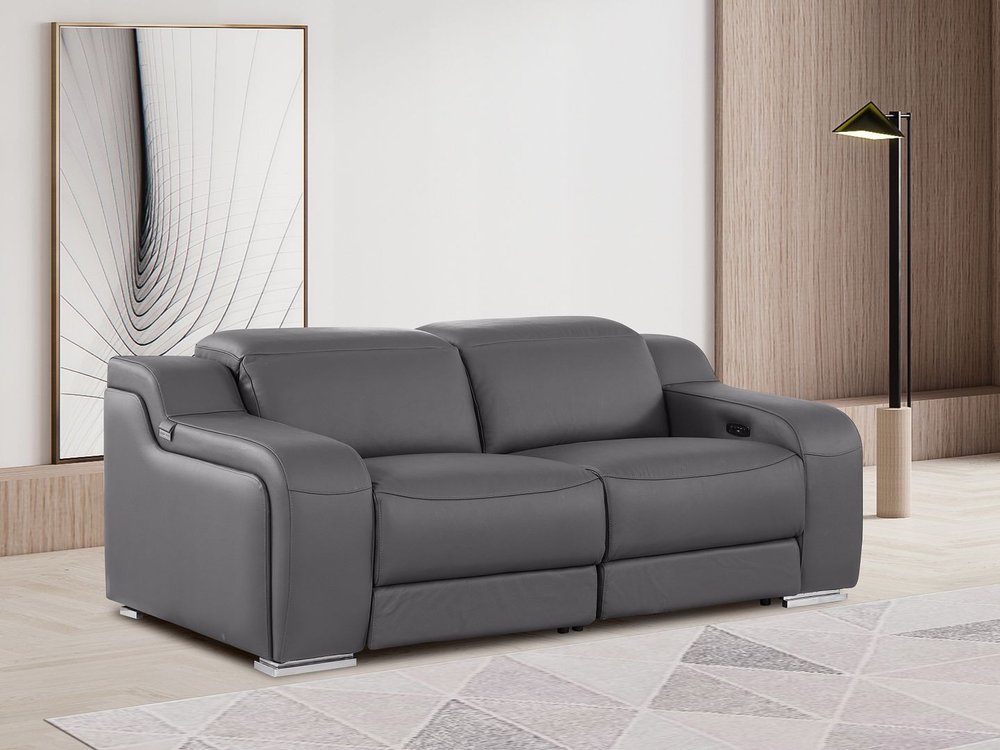76" Dark Gray and Silver Italian Leather Power Reclining Loveseat