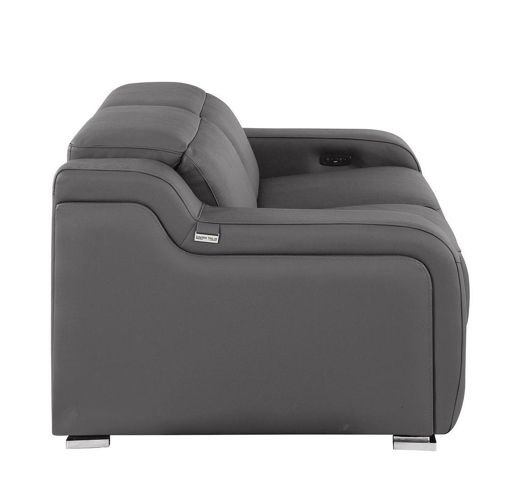 76" Dark Gray and Silver Italian Leather Power Reclining Loveseat