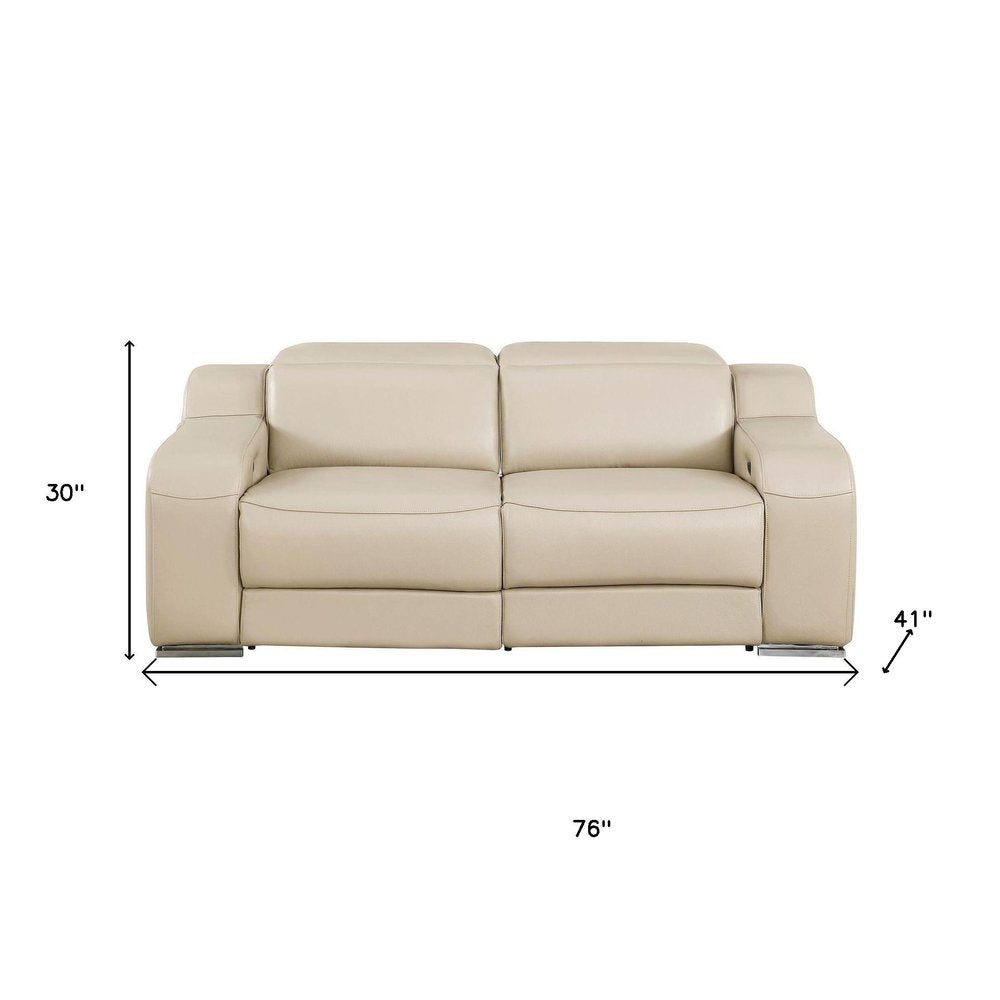 76" Beige and Silver Italian Leather Power Reclining Loveseat