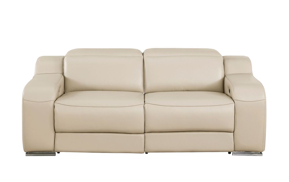 76" Beige and Silver Italian Leather Power Reclining Loveseat