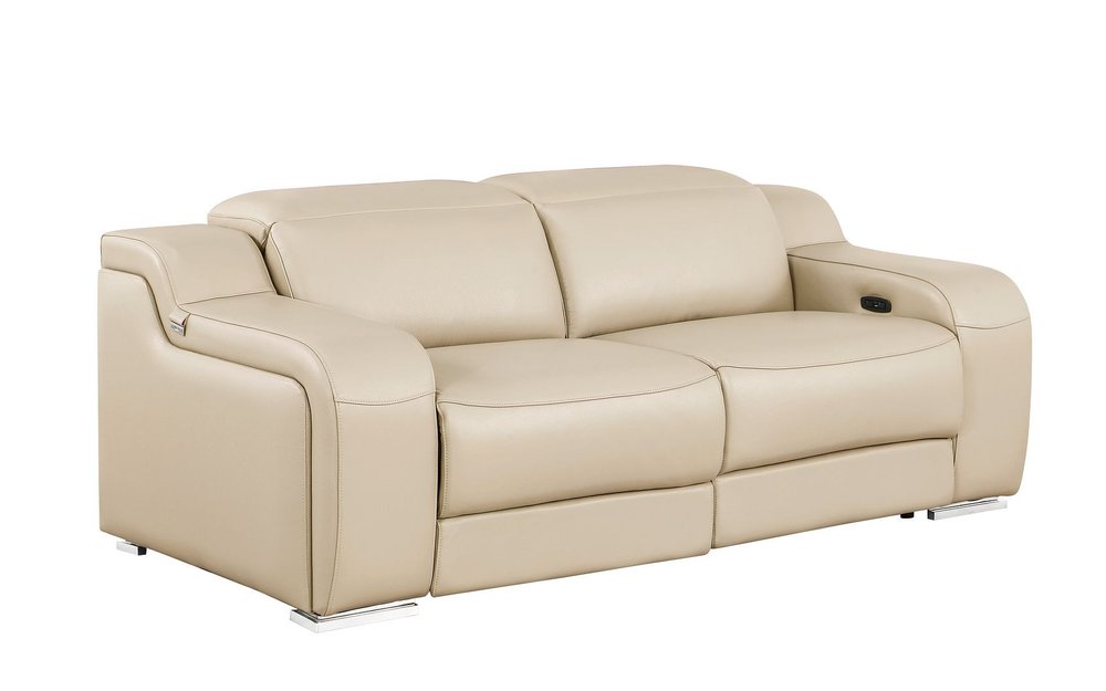 76" Beige and Silver Italian Leather Power Reclining Loveseat