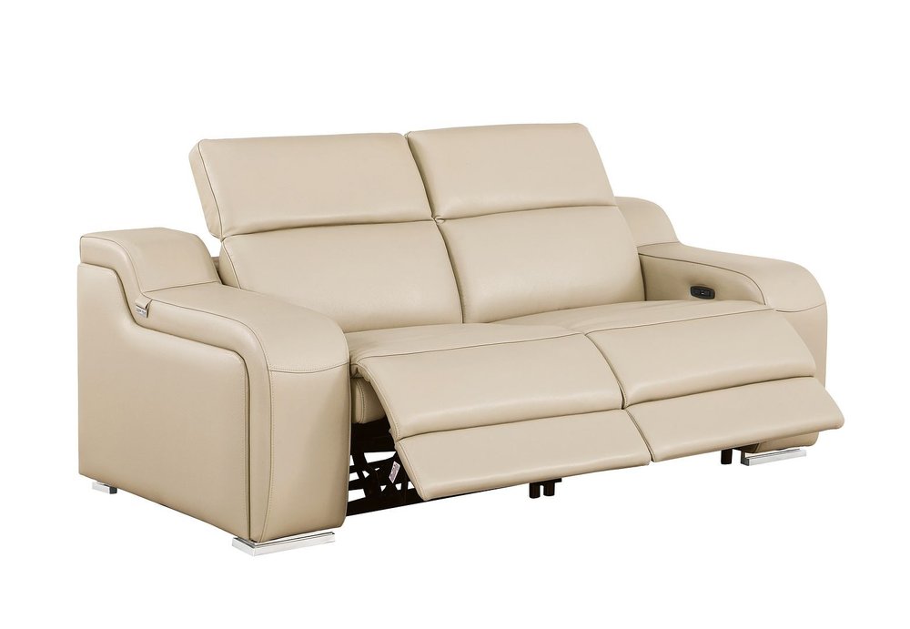 76" Beige and Silver Italian Leather Power Reclining Loveseat