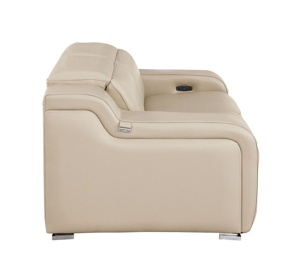 76" Beige and Silver Italian Leather Power Reclining Loveseat