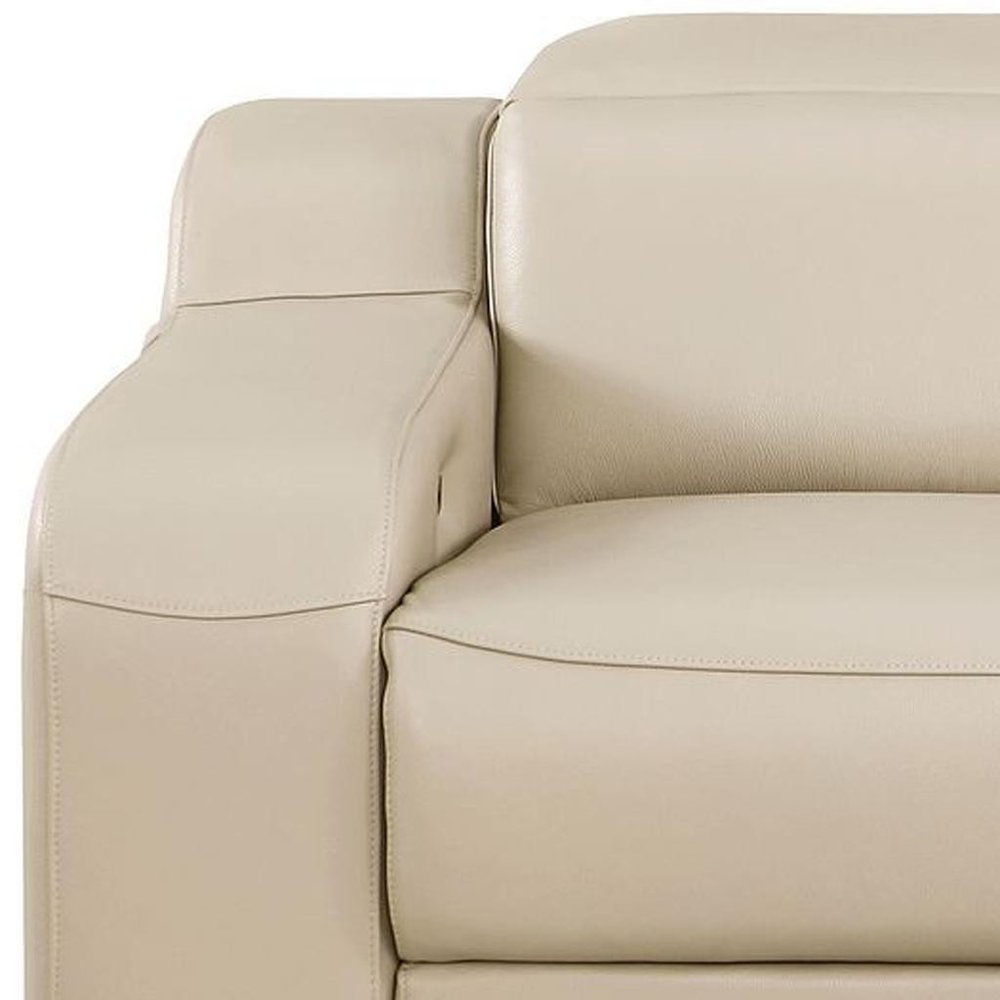 76" Beige and Silver Italian Leather Power Reclining Loveseat